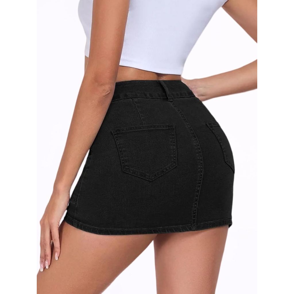 Aotasely Women's Stretchy Denim High Waisted Skirt, Black, Medium