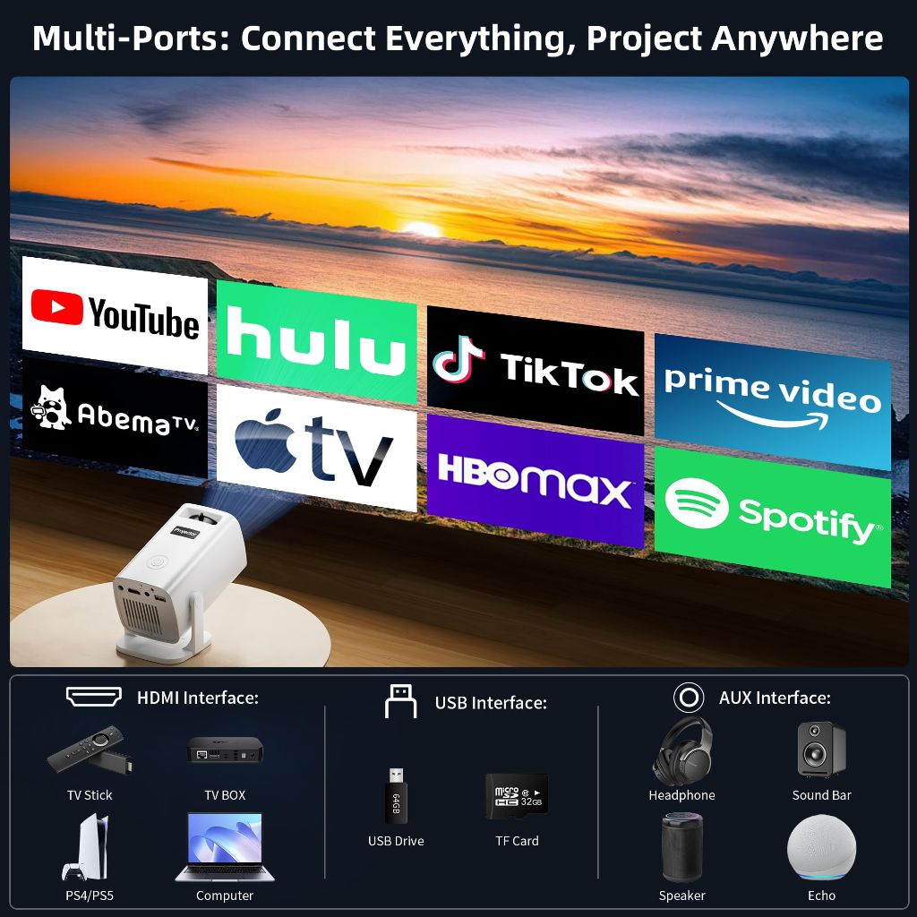 Mini Projector, Portable Projector 4K & Full HD 1080P Support, 270° Rotation Outdoor Projector, Movie Projector Compatible with Smartphone, TV Stick, Laptop, PS4, HDMI, USB