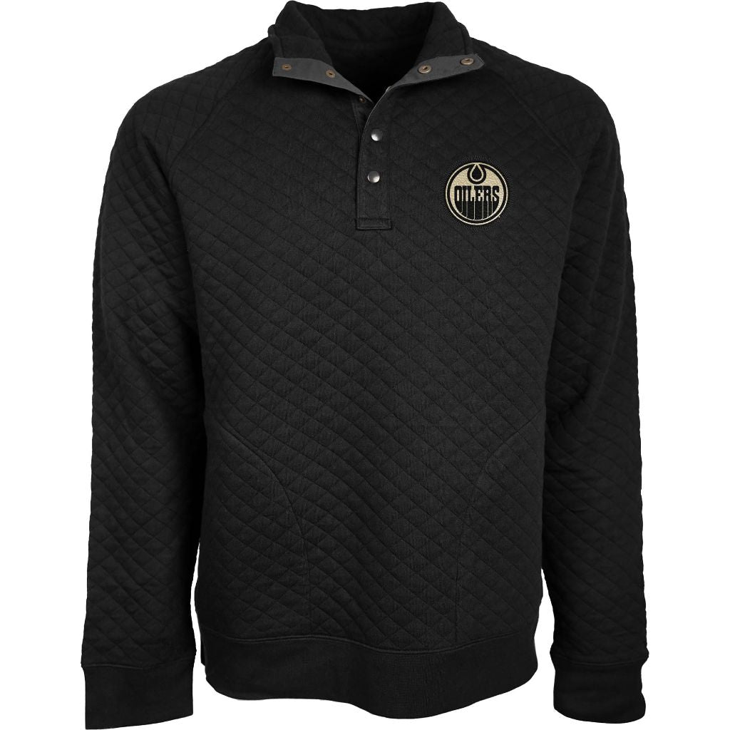 Blue 84 Edmonton Oilers NHL Officially Licensed Quilted Snap Sweatshirt Leather Patch, Large, Black