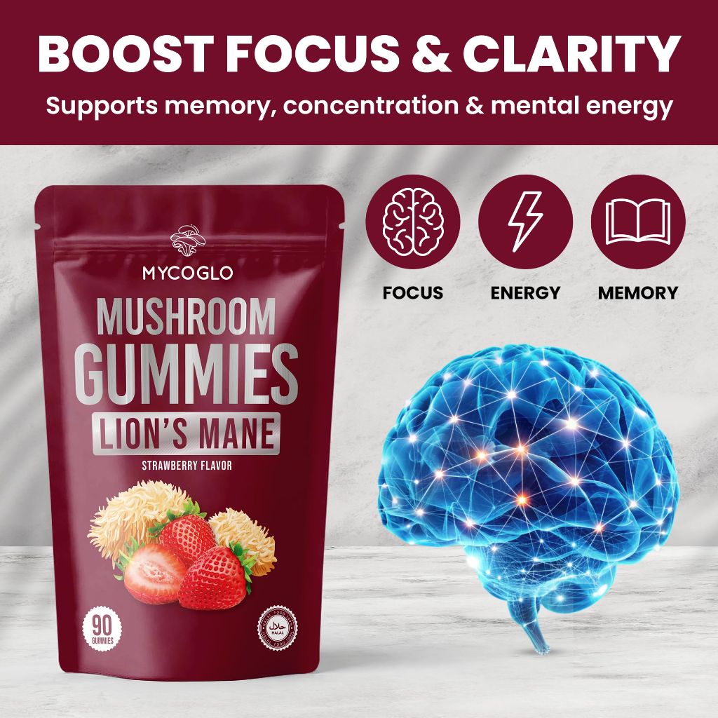 MYCOGLO 10-in-1 Mushroom Gummies for Focus & Energy | Strawberry Flavor Gluten-Free (90 Count)