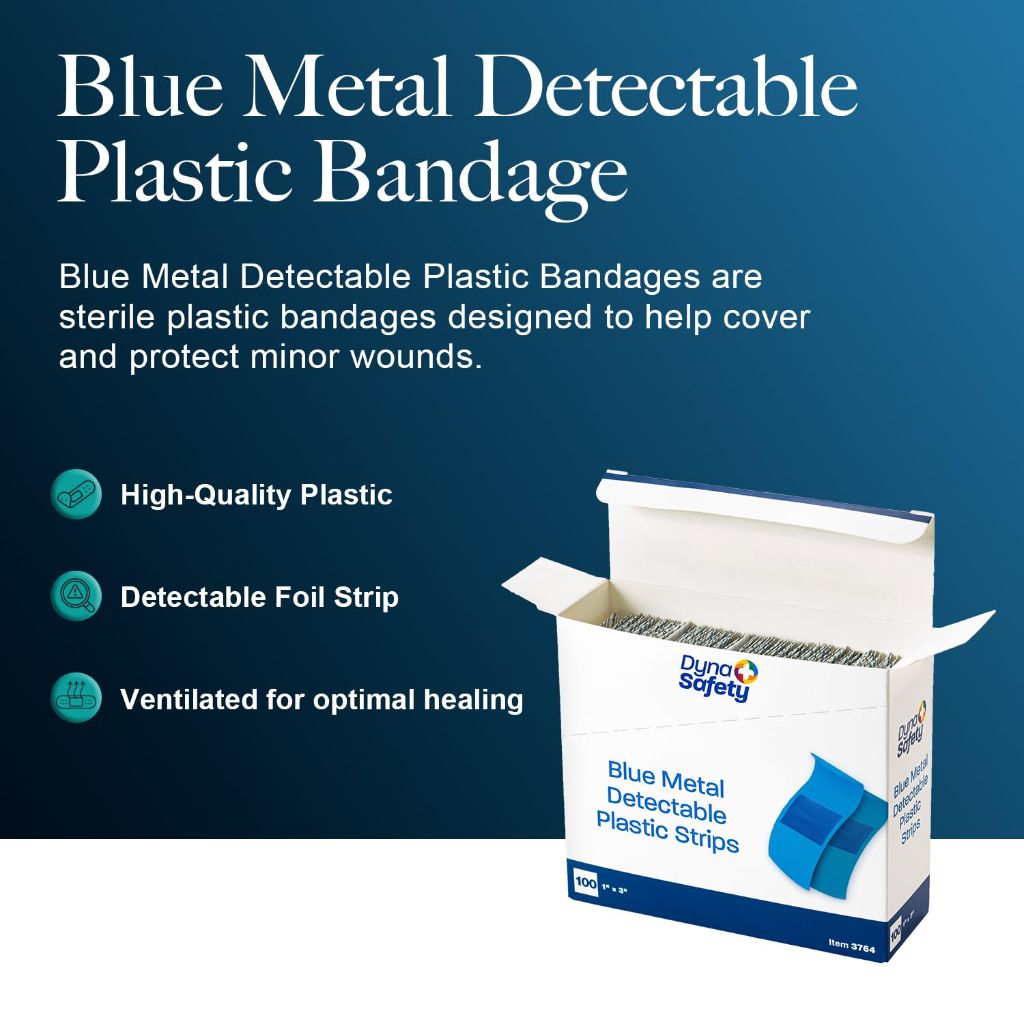 Dynarex Blue Metal Detectable Plastic Bandages, 1" x 3" Adhesive Bandages with Internal Foil Strip  Blue, Box of 60
