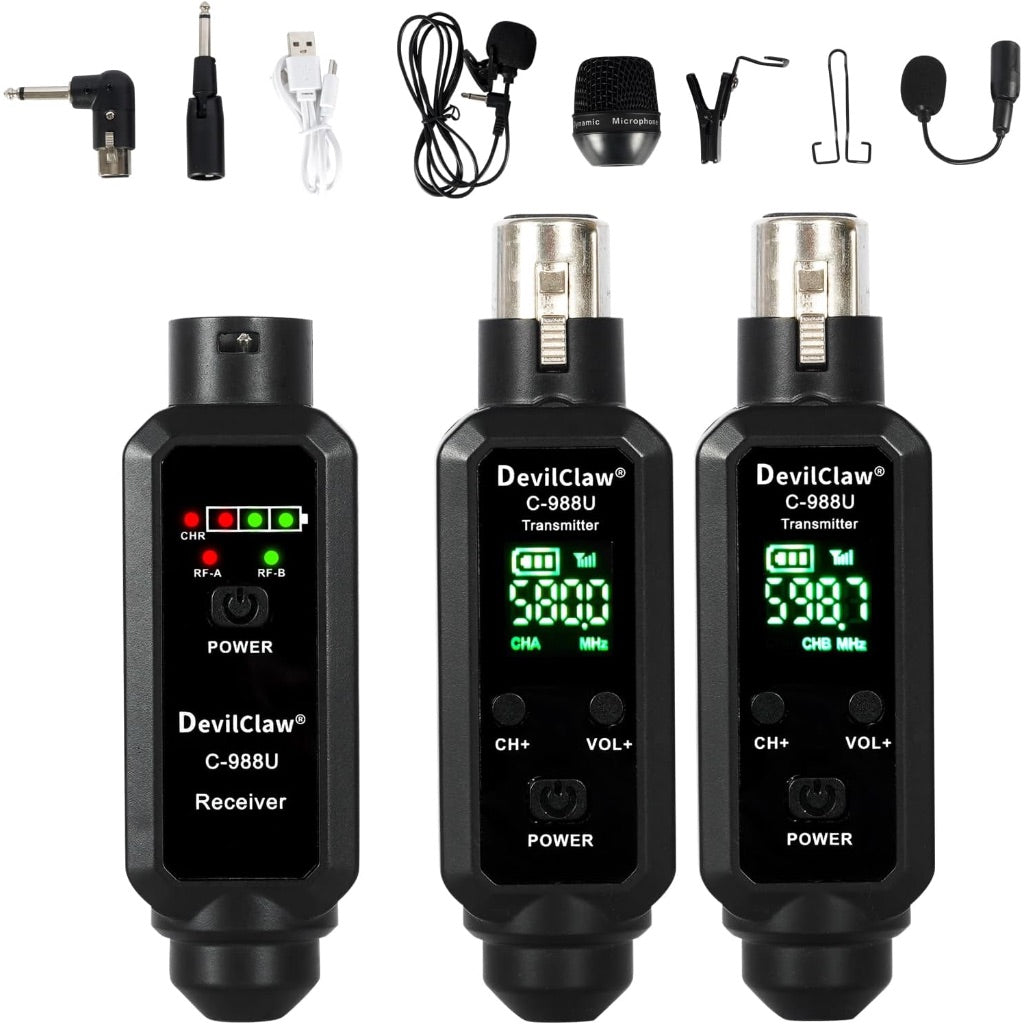 Wireless Guitar System Dual Transmitter with Microphone, Electric Guitar Accessories, 260ft Range, Plug and Play Wireless Audio Transmitter and Receiver for Bass Guitar