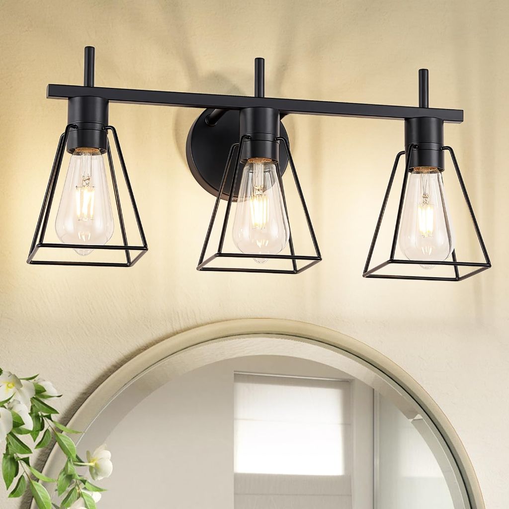 FonmYim Farmhouse Bathroom Vanity Light Fixture, Matte Black 3-Light Wall Sconce with Metal Cage (Bulbs Not Included)