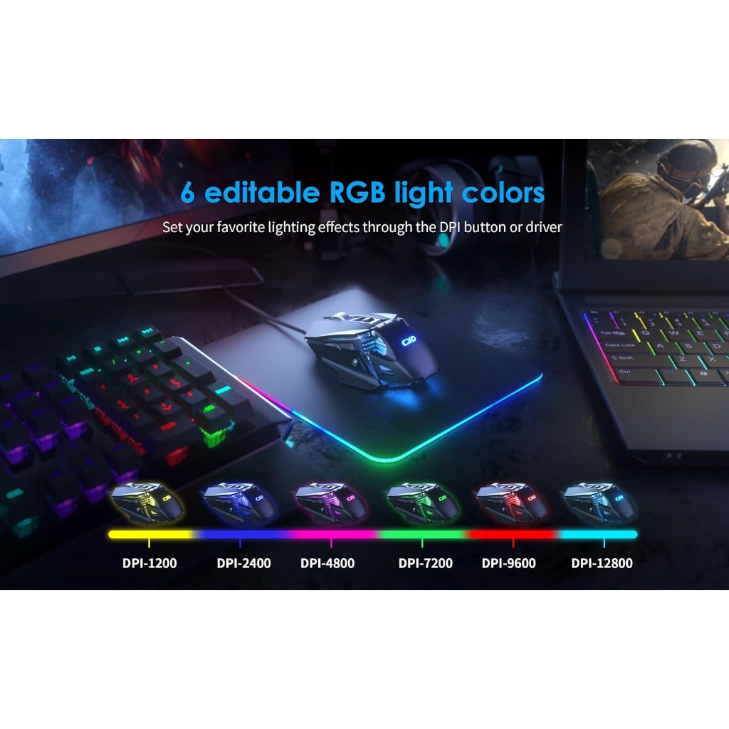 C300 Wired Gaming Mouse, RGB Backlit Computer Wired Mouse Adjustable Weights, 12800 DPI Adjustable, Windows/Mac/Linux