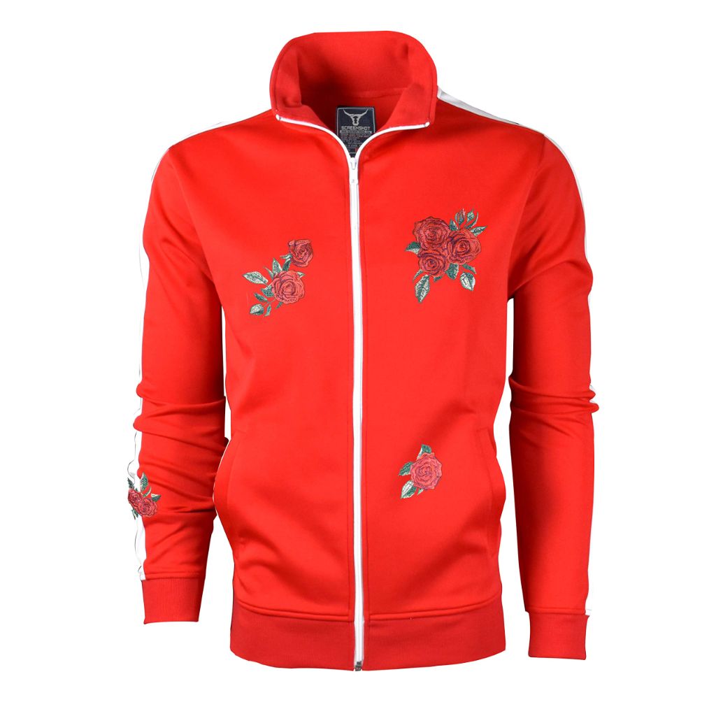 Screenshot Brand Men's Urban Hip Hop Slim Fit Track Jacket with Rose Embroidery - Red, Large