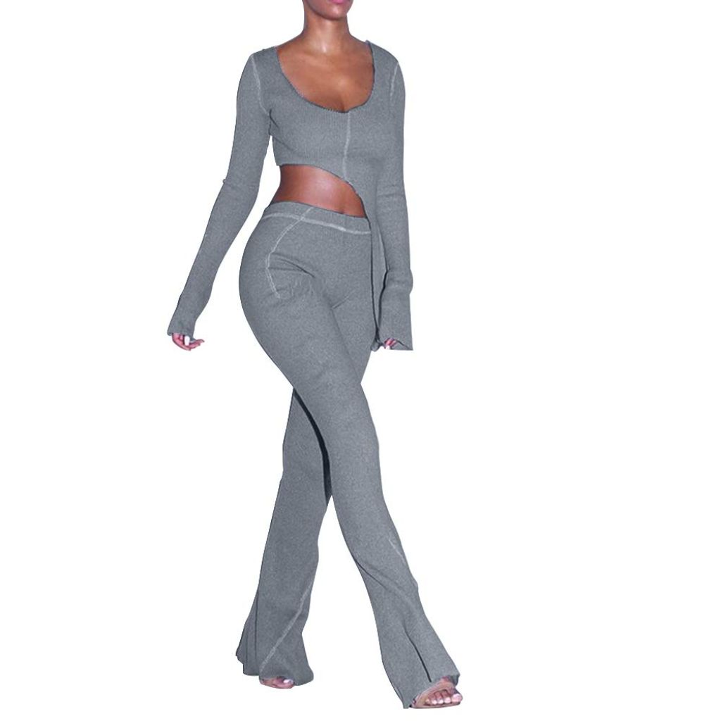 XLLAIS Women Fall Winter Rib Knit Pullover Sweater Top Long Flare Pants Set 2 Piece Outfits Sweatsuits Tracksuit Grey M