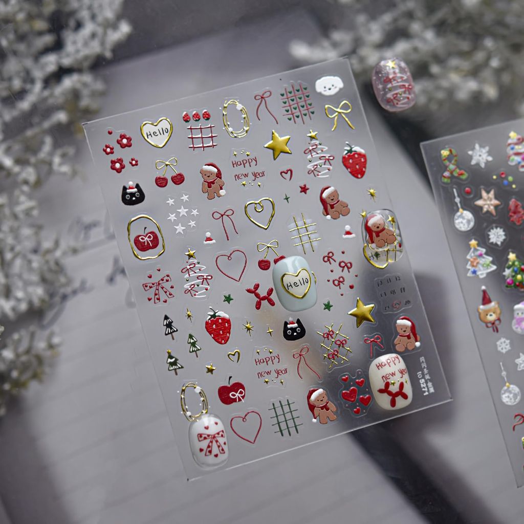 Tomoni Holiday Nail Art Stickers, Self-Adhesive Christmas Tree, Bear, Strawberry